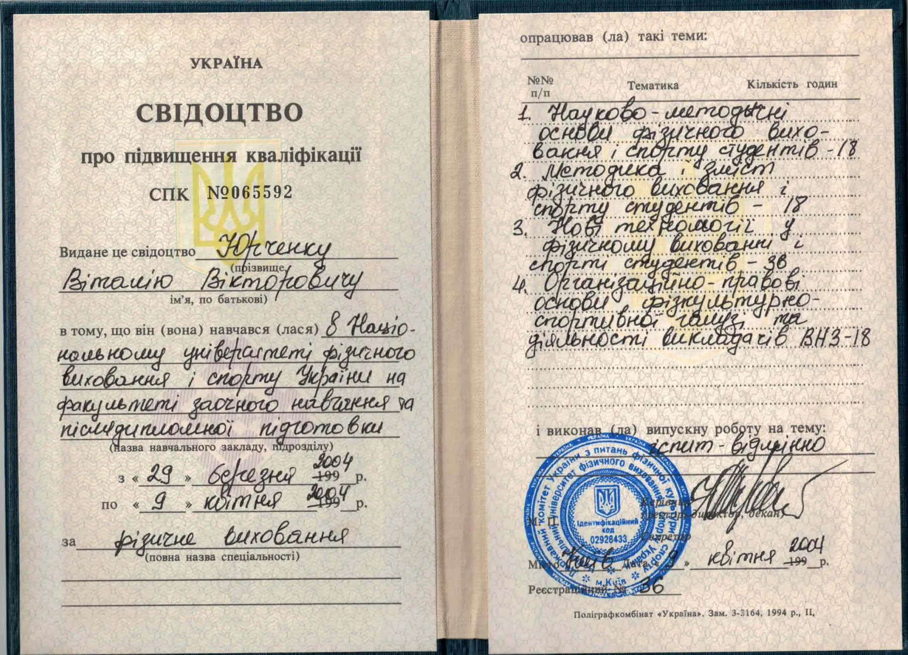 Certificates and diplomas: Vitalii Yurchenko
